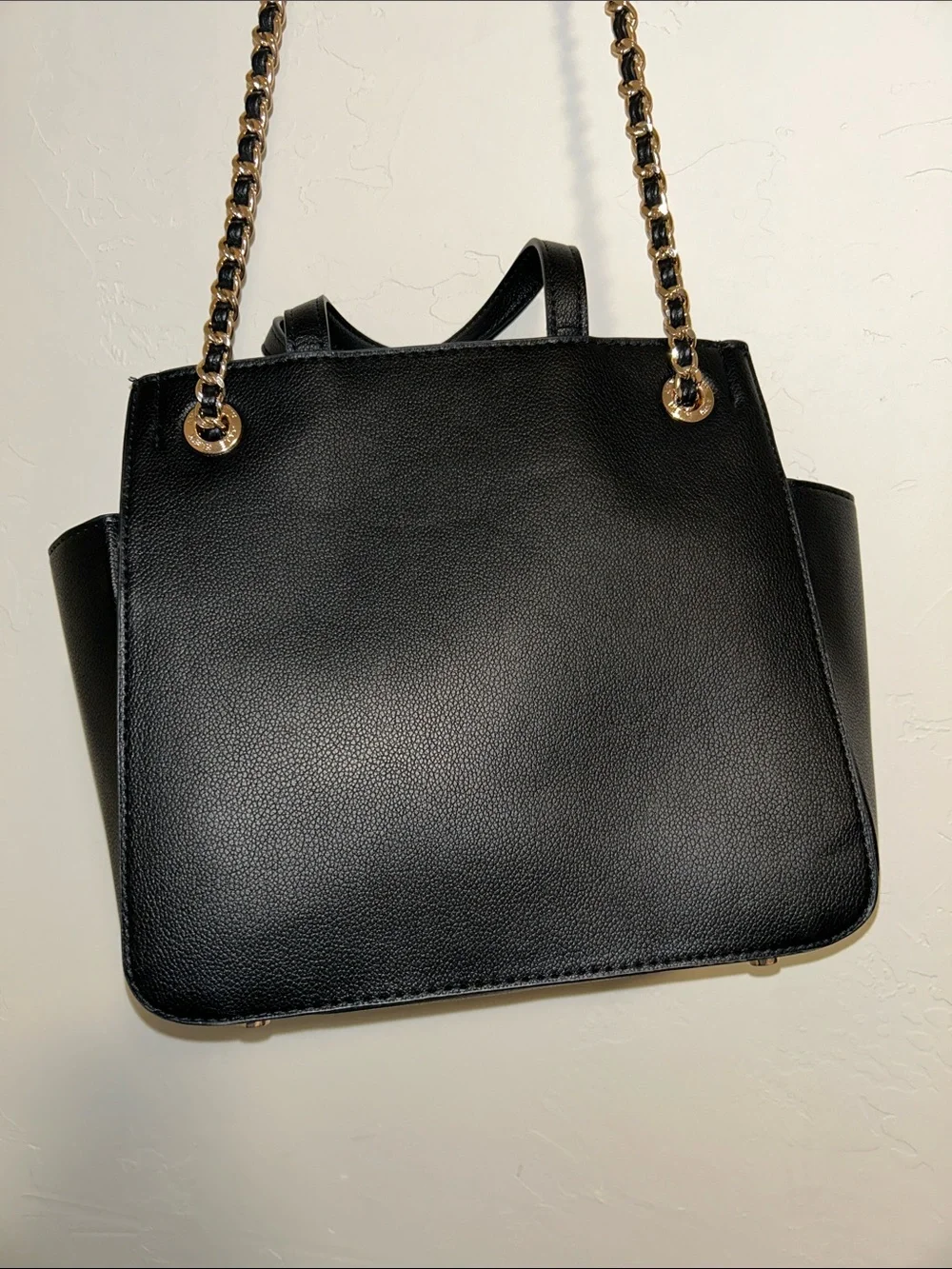 Anne Klein textured black leather look PVC satchel bag.